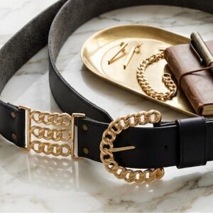 Vintage 80’s dark blue leather belt gold metal link chain buckle one of a kind